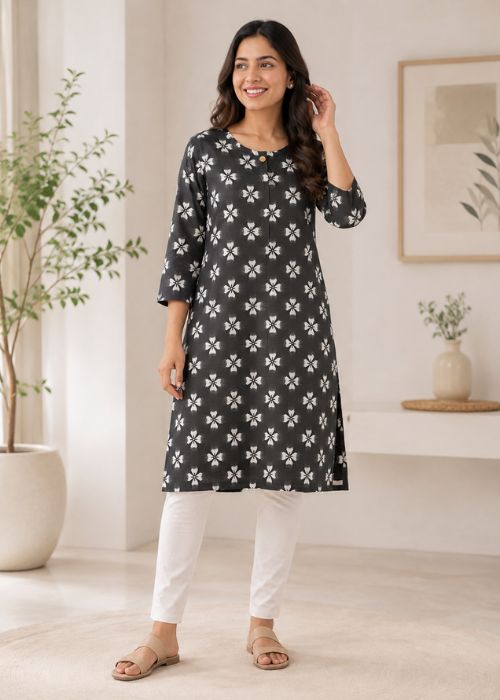 Black Wool Cloth Printed Kurti (XL)